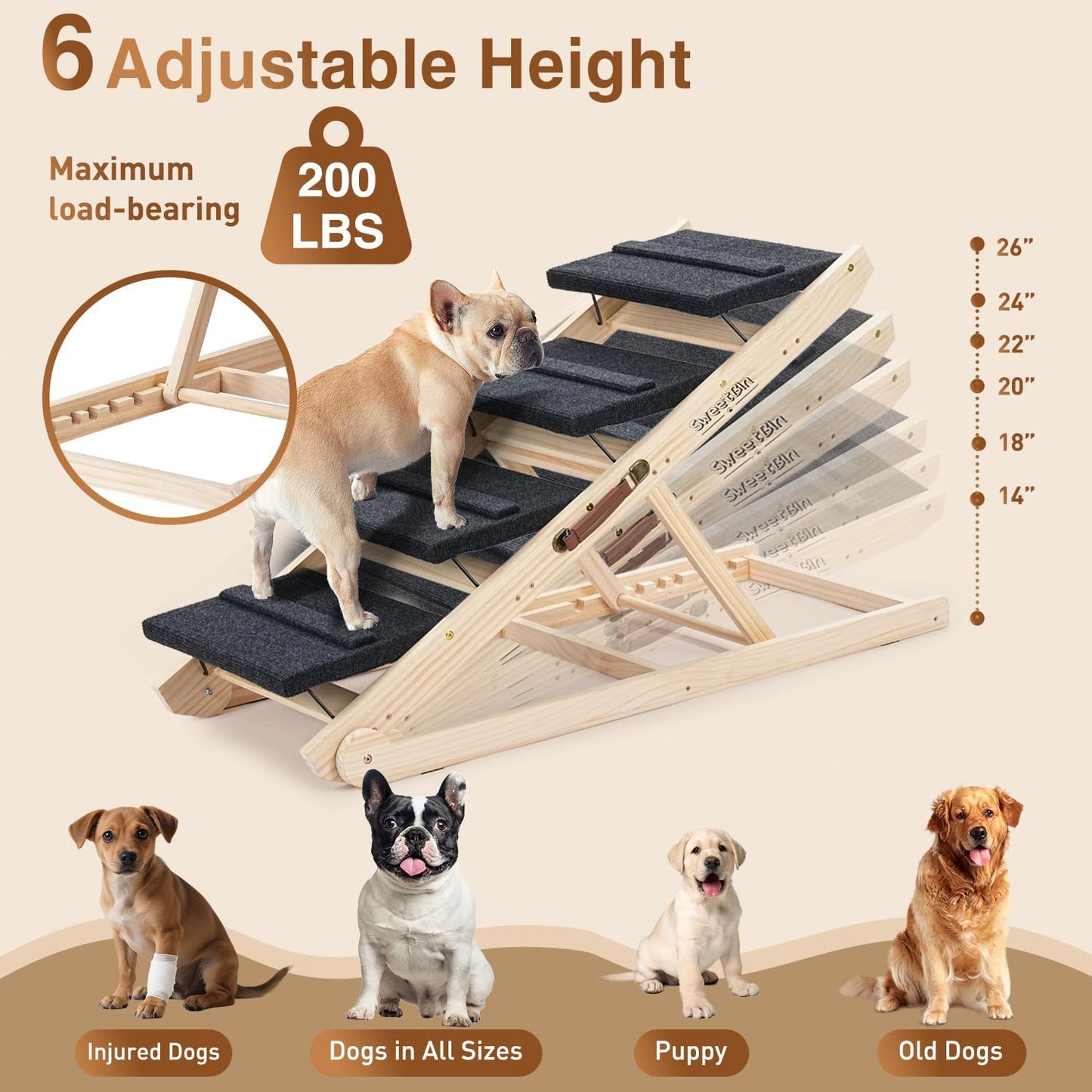 2025 Upgraded Dog Steps for Bed & Couch - 2-in-1 Dog Stairs/Ramp for Small to Large Breeds - 45.3" Long Adjustable 14"-26" Up to 200LBS - Folding Portable Wooden Pet Stairs for high Bed Couch Car