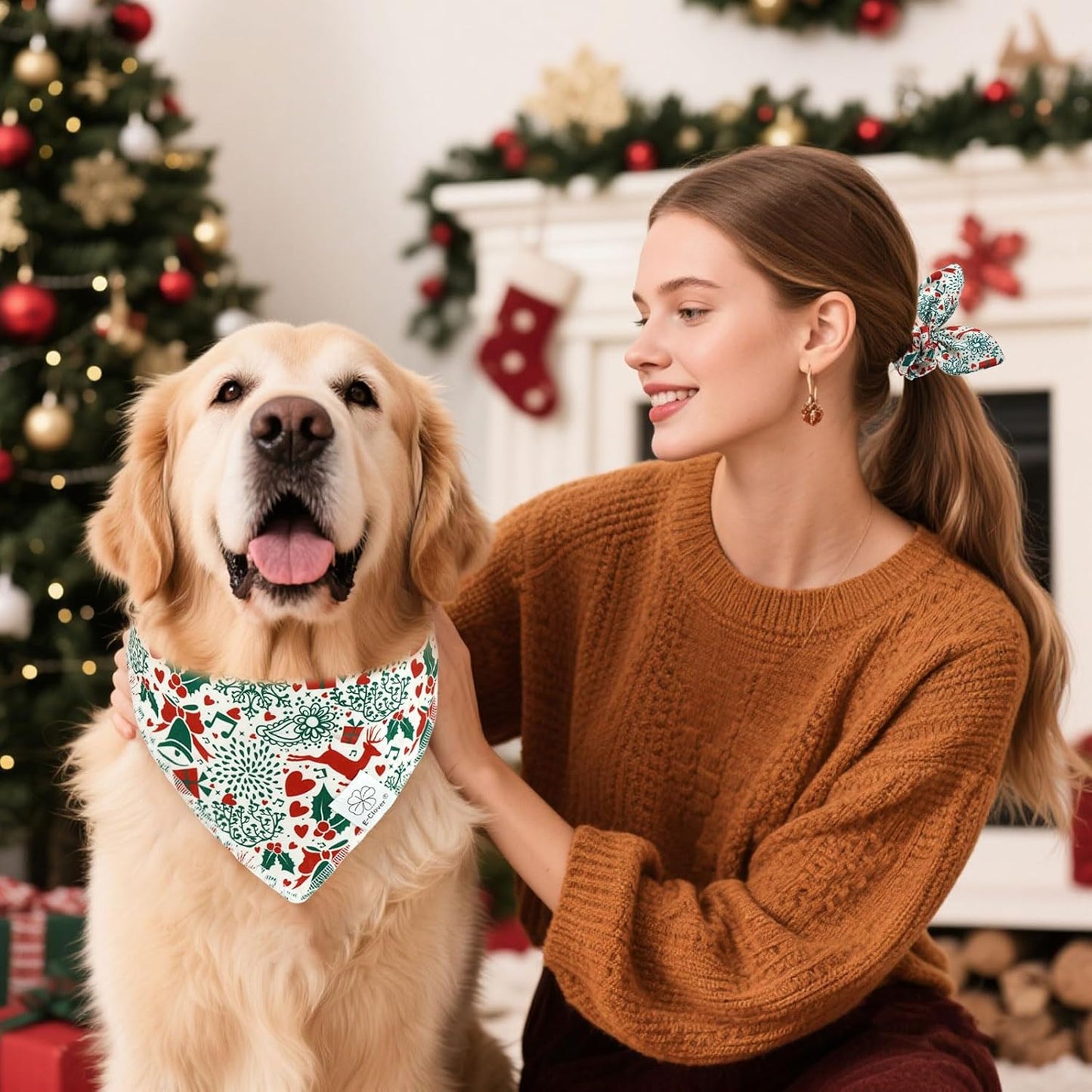 E-Clover Christmas Dog Bandanas & Matching Scrunchie Set White Green Red Dog Scarf Bibs Pet Bandana with Bow Tie for Small Dogs Puppy Owner Mom Winter