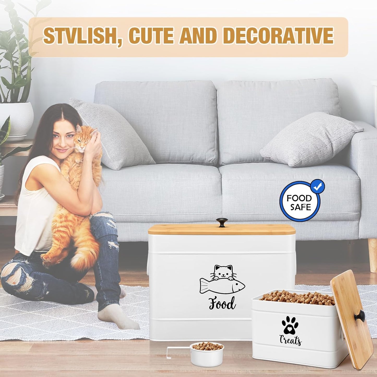 Extra Large Metal Cat Food Containers Airtight 12+3.5 lbs Cat Treat Snack Jars Set of 2 with Bamboo Lids and Spoons Farmhouse Big Pet Cookie Storage Jars for Kitchen Counter Gifts(White)