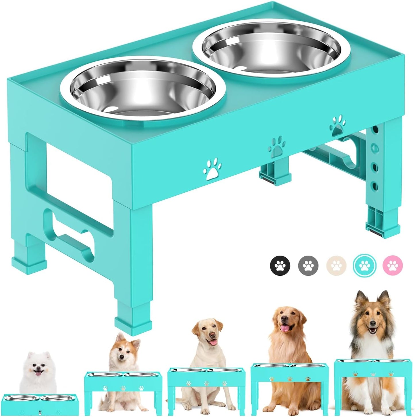 Elevated Dog Bowls with 2 Stainless Steel Bowls, Raised Dog Food Bowl Stand 5 Height Adjustable (3.1", 9", 10", 11", 12") Non-Slip Feeder Set for Medium and Large Dogs - Turquoise