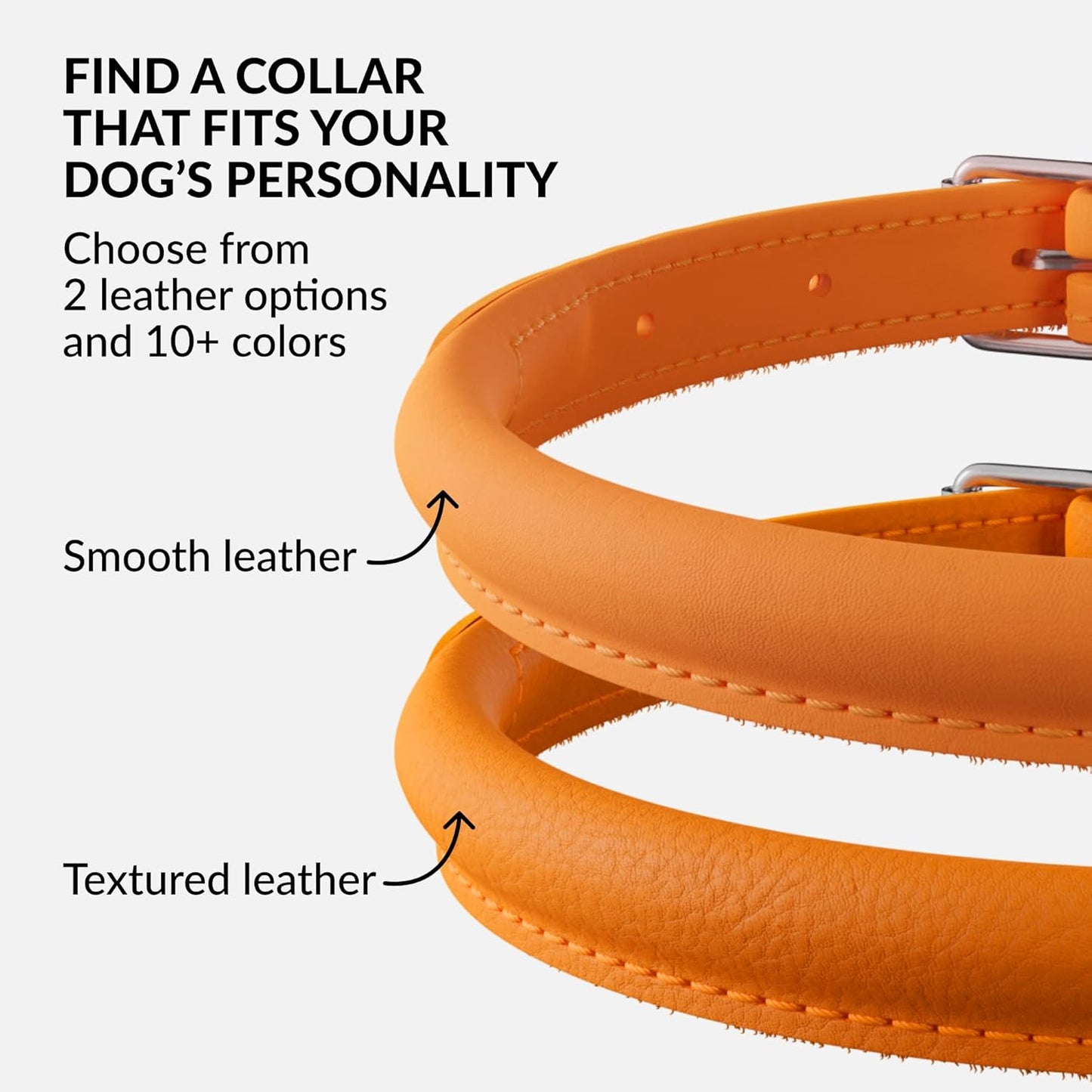 CollarDirect Rolled Leather Dog Collar, Soft Padded Round Puppy Collar, Handmade Genuine Leather Collar Dog Small Large Cat Collars 13 Colors (11-14 Inch, Orange Smooth)