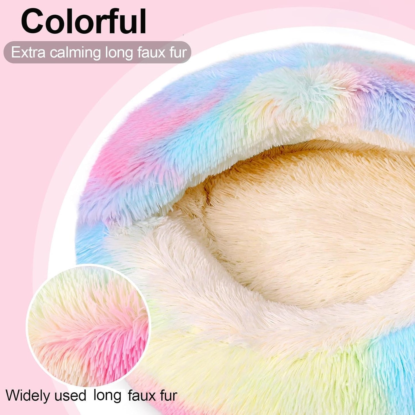 Calming Dog Beds & Cat Cave Bed with Hooded Cover,Removable Washable Round Beds for Small Medium Pets,Anti-Slip Faux Fur Fluffy Coved Bed for Improved Sleep,Fits up to 15/25 lbs(Colorful,M)