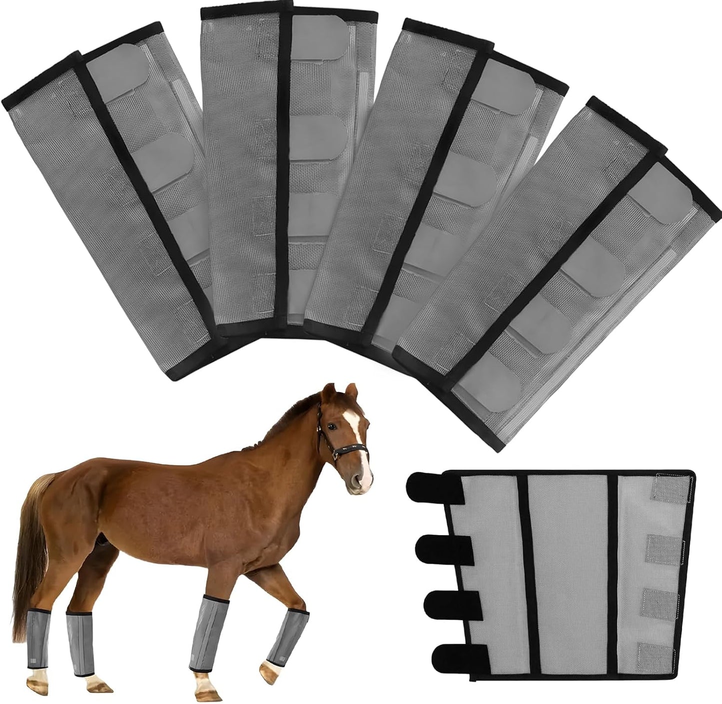 Mesh Horse Fly Boots Set of 4，Adjustable and Universal Loose Fitting & Non-Slip Horse Fly Leggings for Horses,Reduce Stressful Stomping (Grey)