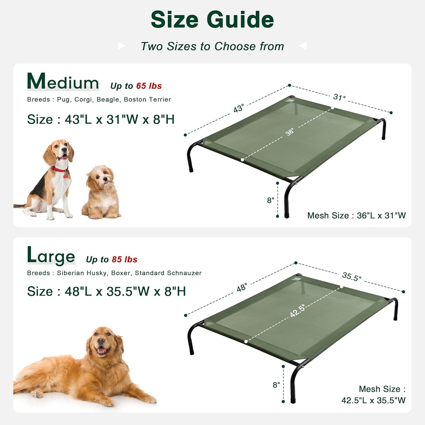 Love's cabin Elevated Cooling Dog Bed for Large Dogs, Portable Indoor & Outdoor Raised Pet Dog Cat Cot, Durable Summer Frame with Breathable Mesh, Olive Green, 48 inches