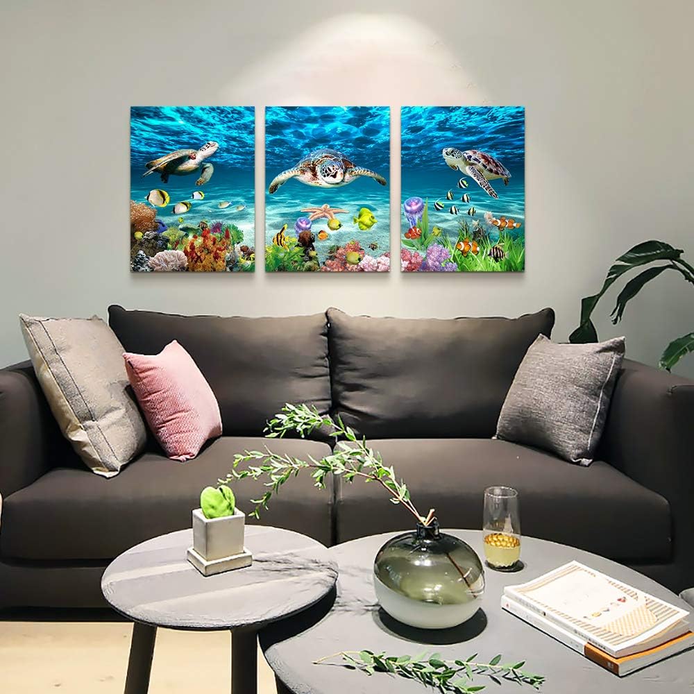 Canvas Wall Art for Living Room Large Size Wall decor for Bedroom Modern Bathroom Wall Decoration blue Ocean Wall Painting Sea Turtle Wall Pictures Ready to Hang Office Artwork 20" x 28" 3 Piece