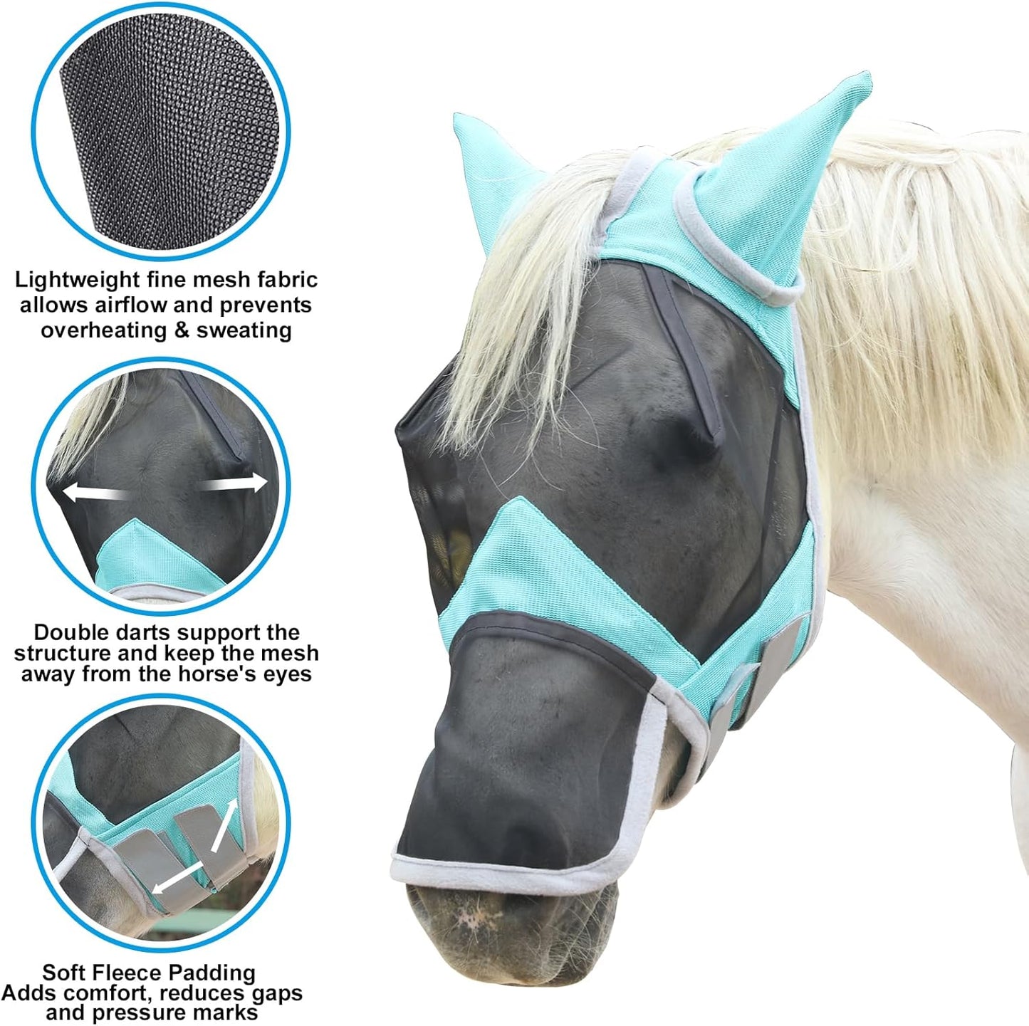 Horse Fly Mask with Ears & Long Nose Cover | Forelock Opening for Tangle-Free Mane Care | UV Protection & Breathable Mesh | No Rub Fit and Enhanced Visbility for Trail Riding Turquoise Full