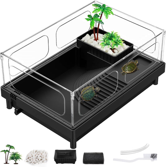 Small Turtle Tank, Aquarium, Acrylic Terrarium with Basking Platform, Bottom Drainage, Multi-Function Areas for Turtles, Crabs, Crayfish, Reptiles.(Black)