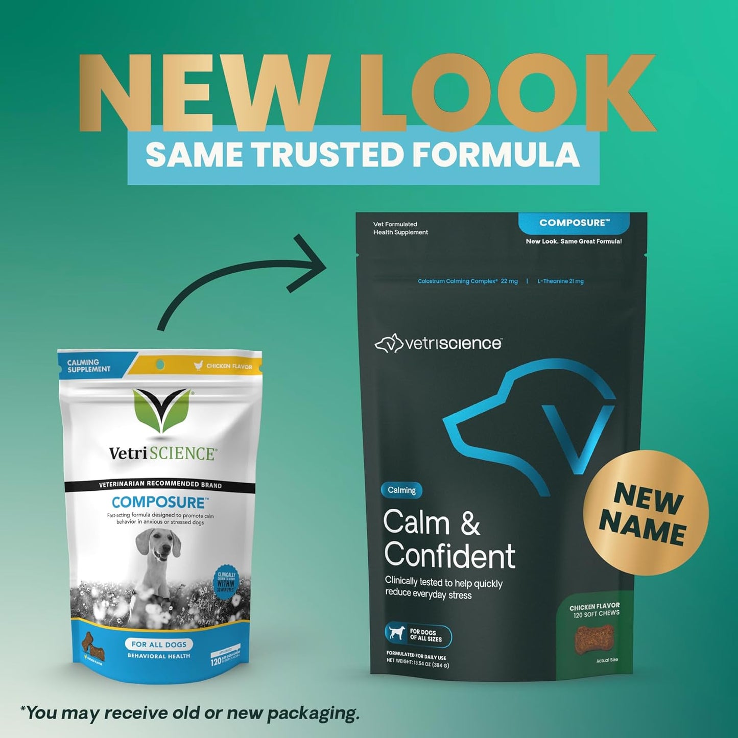 VetriScience Calm & Confident Chews, Composure Clinically Tested Calming Supplement for Dogs, Reduce Stress & Fear, Ideal for Thunderstorms, Fireworks & Travel, Chicken, 120 Count - New Look