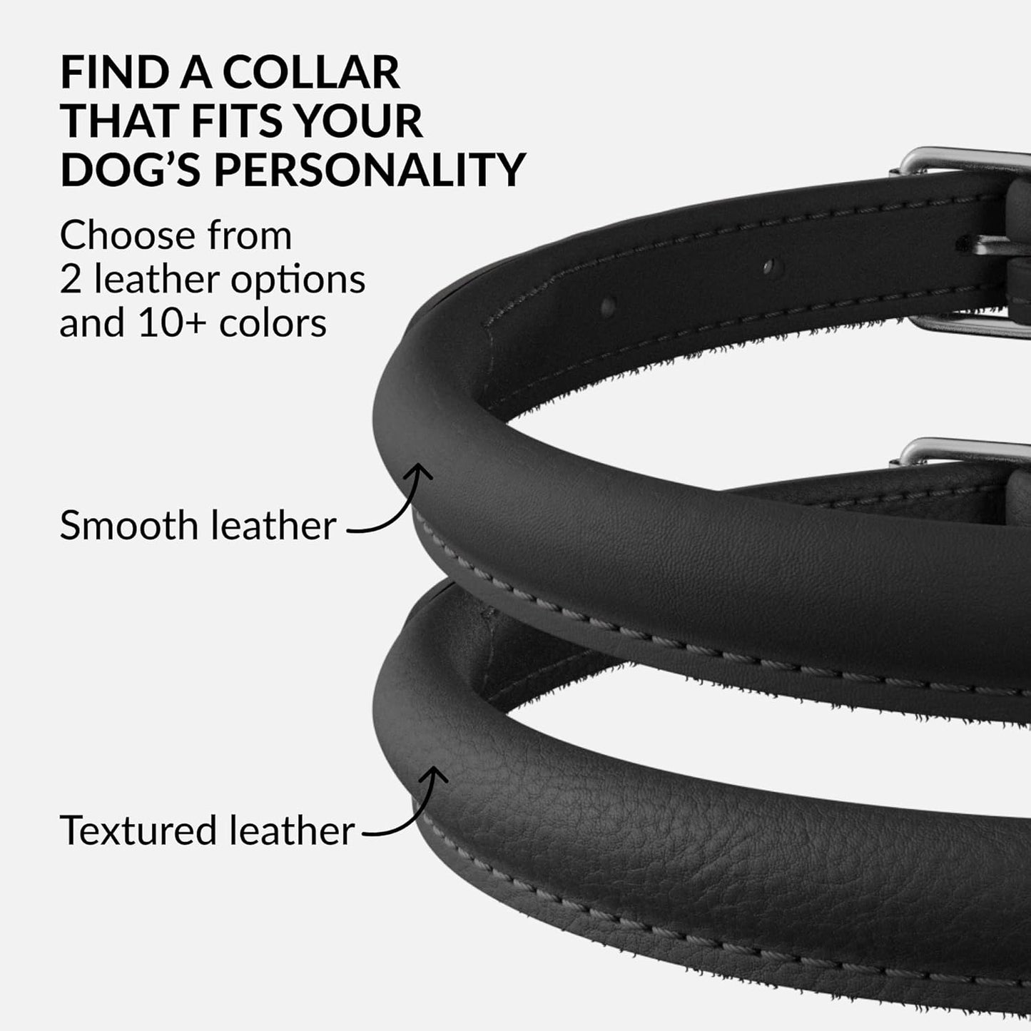 CollarDirect Rolled Leather Dog Collar, Soft Padded Round Puppy Collar, Handmade Genuine Leather Collar Dog Small Large Cat Collars 13 Colors (18-22 Inch, Black Smooth)