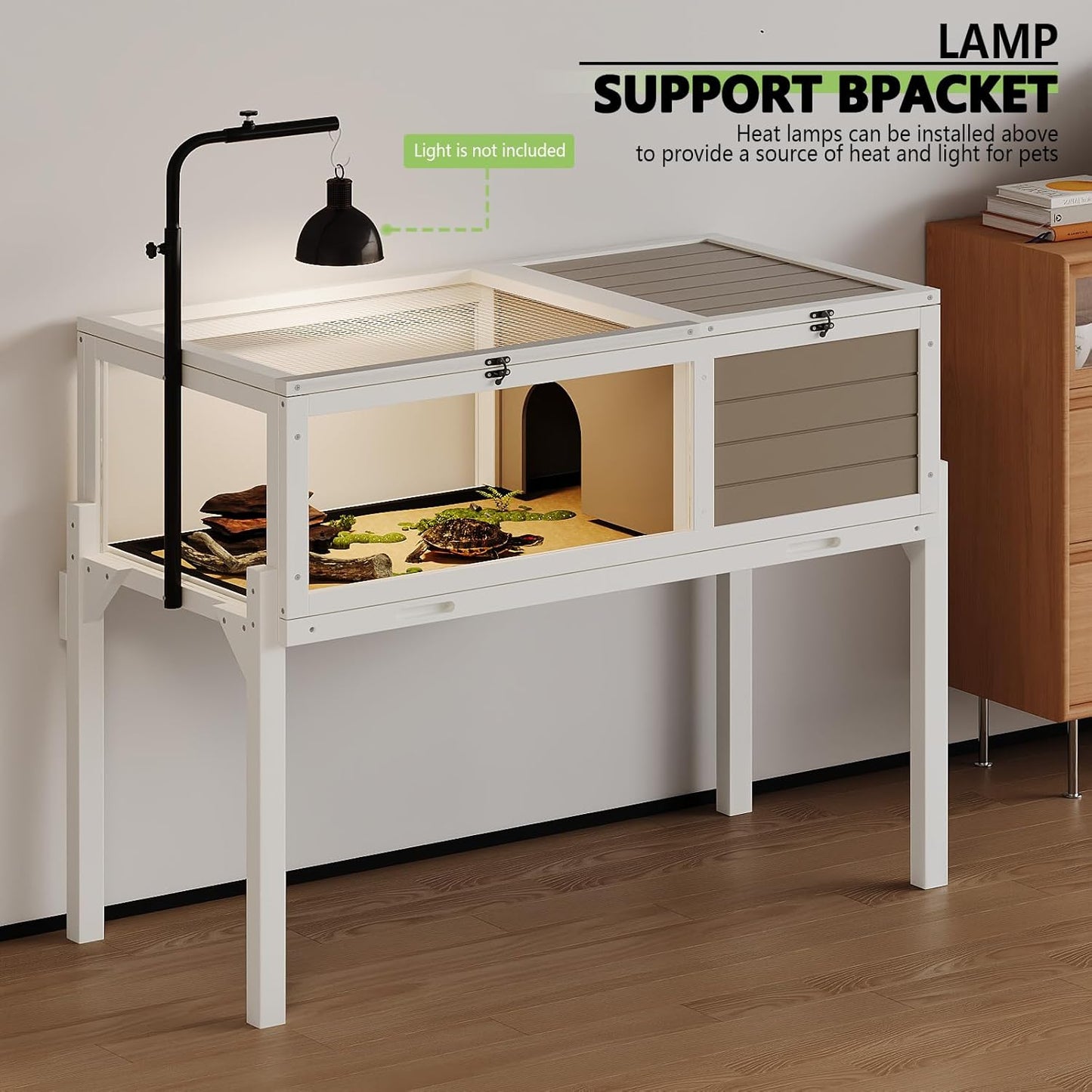 Tortoise Habitat with Adjustable Lamp Holder, Turtle Enclosure Indoor/Outdoor, Wooden House for Small Animals, Large Reptile Terrarium Table with Detachable Legs (New White)