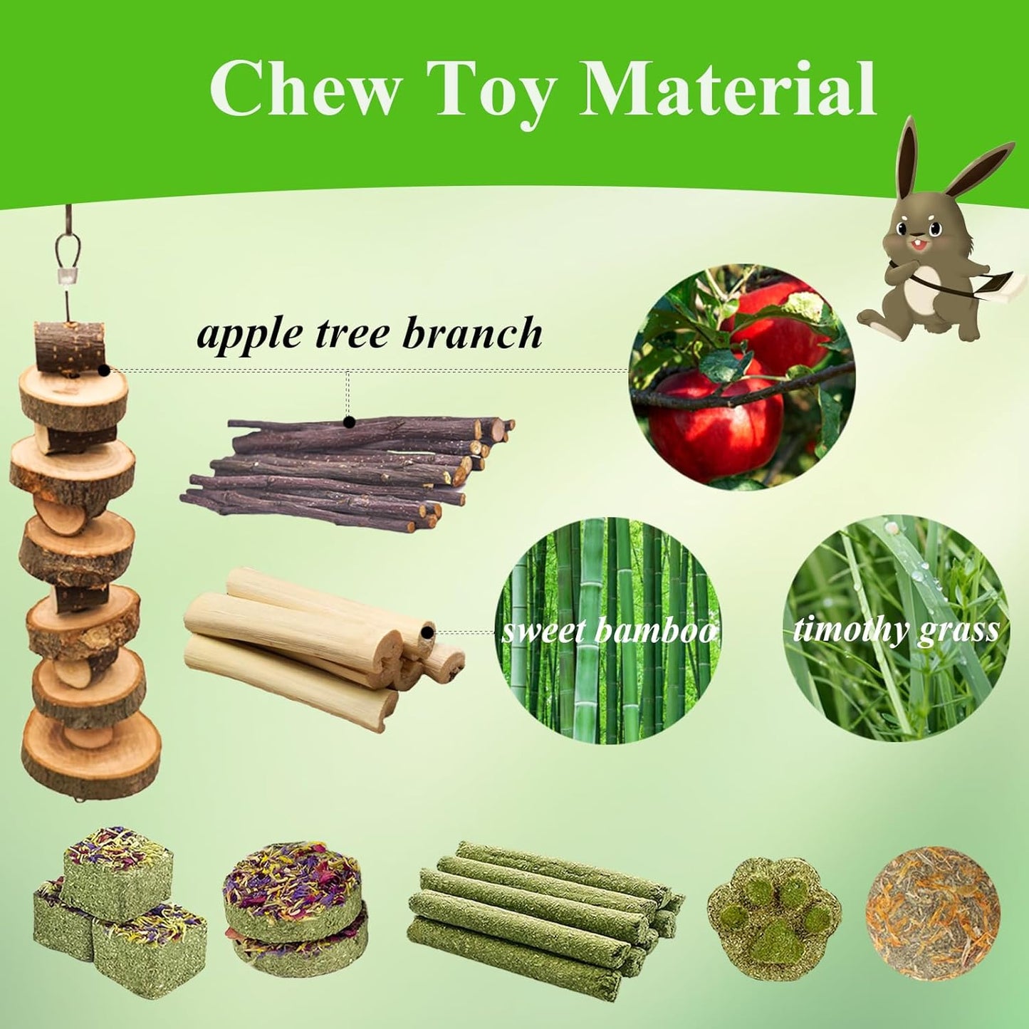 Grddaef Rabbit Toys, Guinea Pig Toys 25 Pcs Natural Timothy Hay Bunny Chews and Treats for Hamster Chinchilla Gerbil