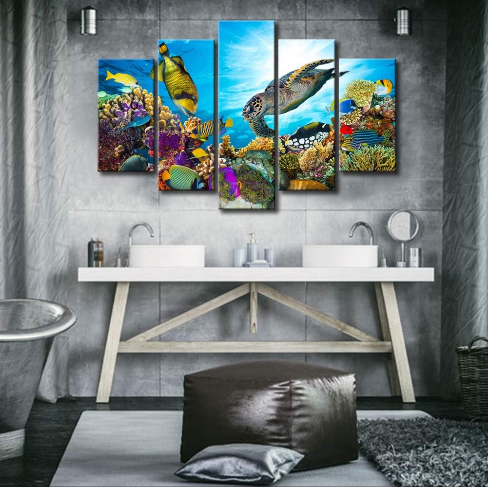 Xlarge 5 Piece Underwater World Canvas Wall Art Painting Sea Turtles Tropical Fish Swim on Coral Reef in the Sea Ocean Picture Prints Kids Room Wall Decor Stretched and Framed Ready to Hang 40x60inch