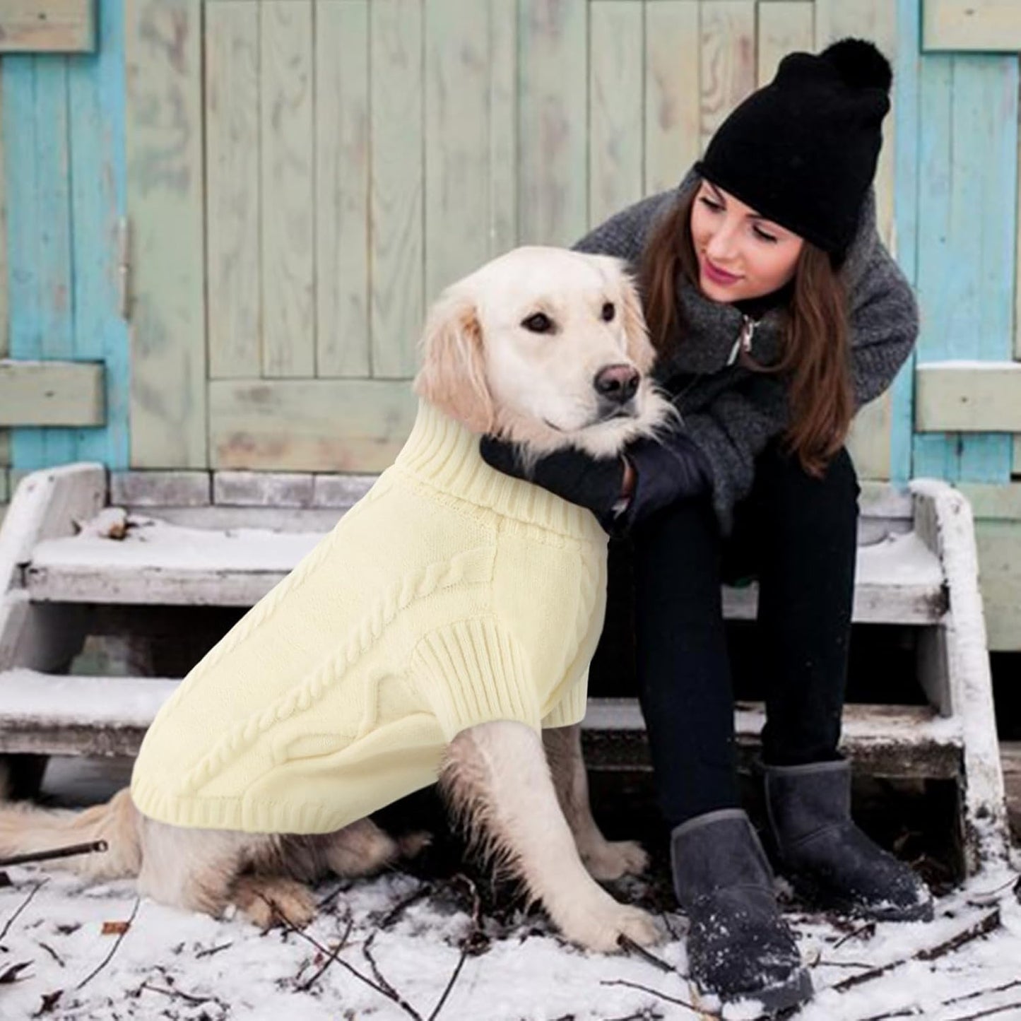 Queenmore Small Dog Pullover Sweater, Cold Weather Cable Knitwear, Classic Turtleneck Thick Warm Clothes for Chihuahua, Bulldog, Dachshund, Pug (White, Large)