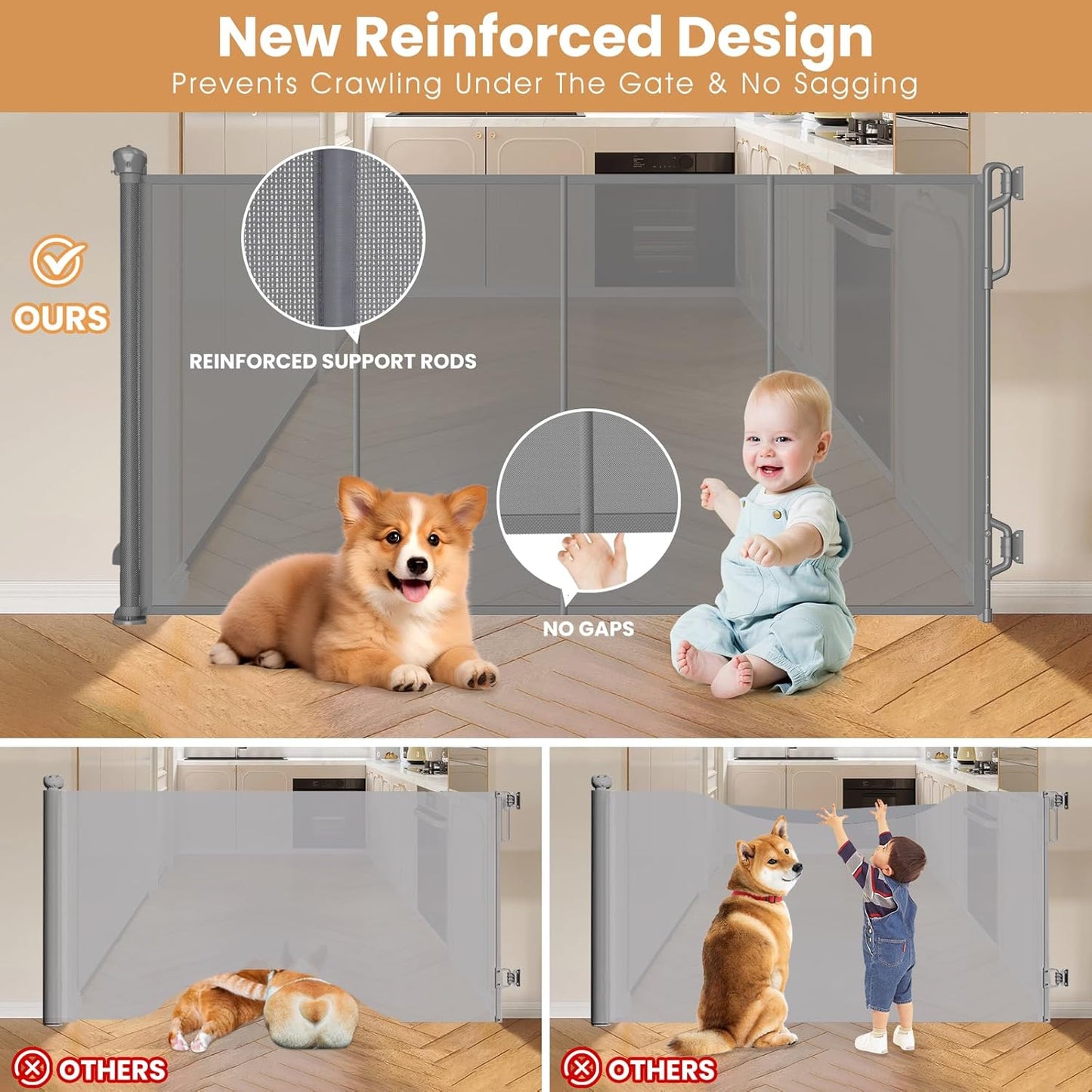Reinforced Retractable Baby Gate or Mesh Dog Gate,Easy to Use for Stairs, Doorways, Hallways, Indoor, Outdoor, Wide Pet Gate 33.5" Tall, Extends to 45" Wide, Gray