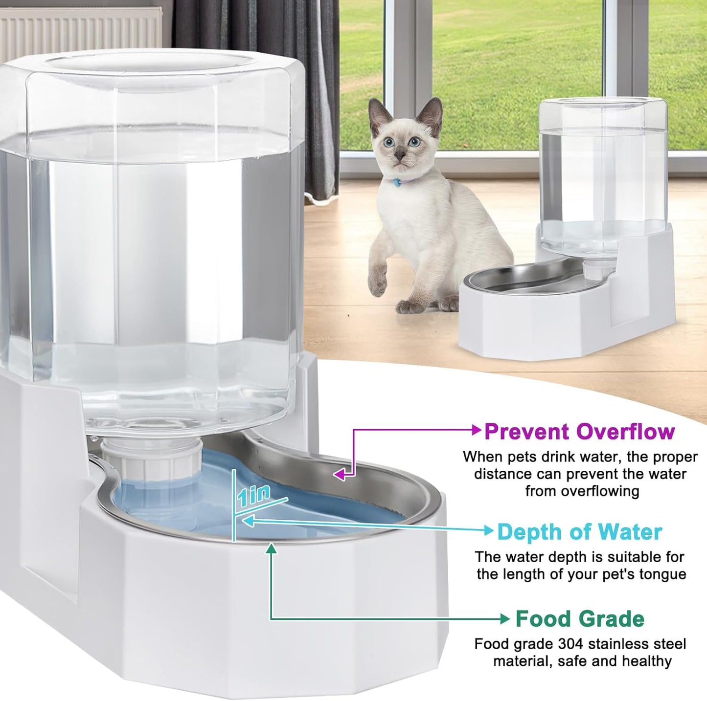 Sfozstra Gravity Water Bowl Dispenser : Automatic 4L White Cat Stainless Steel Feeder Without Filters for Pets Indoor/Outdoor by Owners