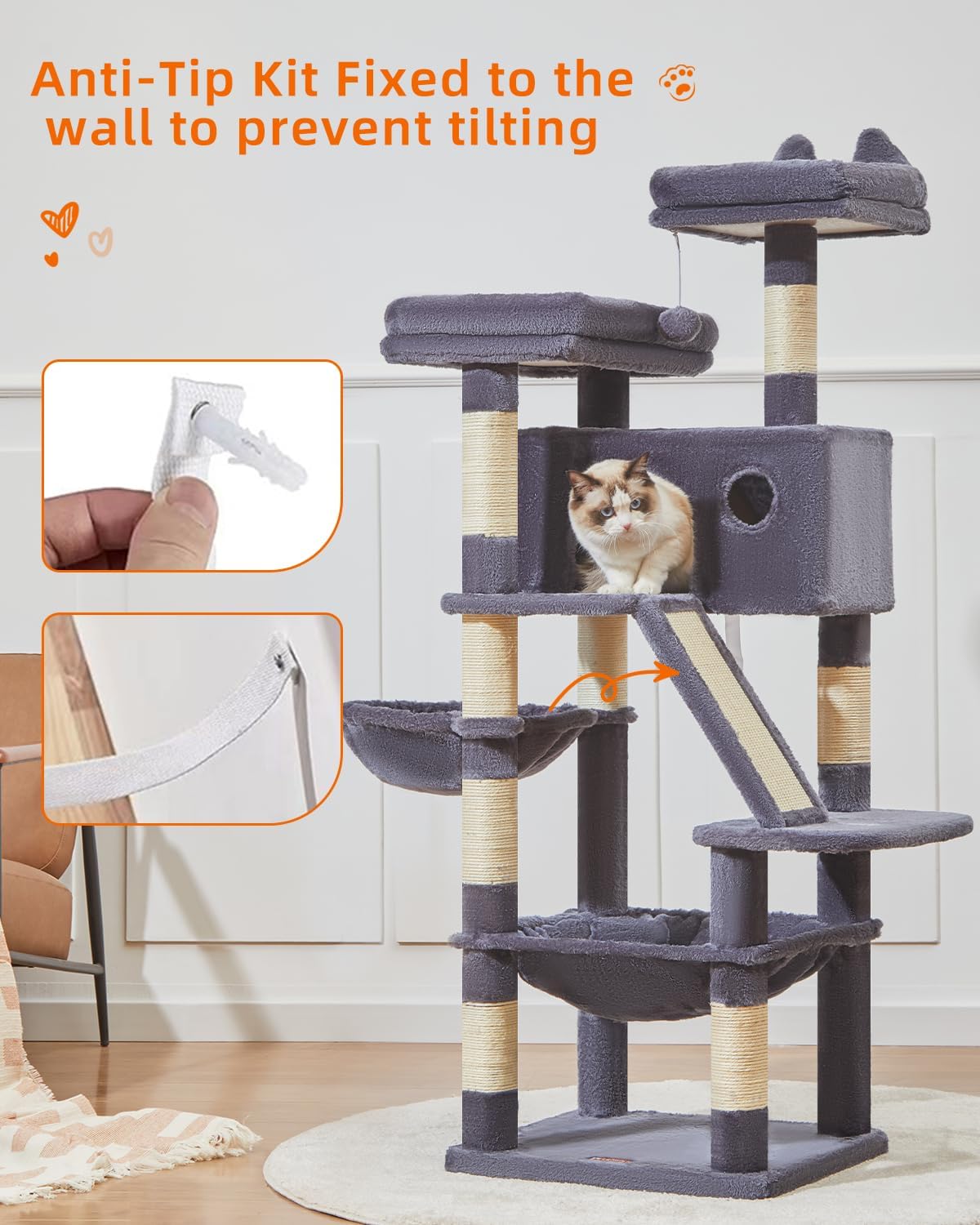 Taoqimiao Cat Tree 57.5-Inch, Cat Tower for Indoor Cats Large Adult, Extra Large Cat Condo, 8 Sisal Scratching Posts, Metal Frame Cozy Hammock, Durable Scratch Board, 2 Top Perches, Smoky Gray MS026G