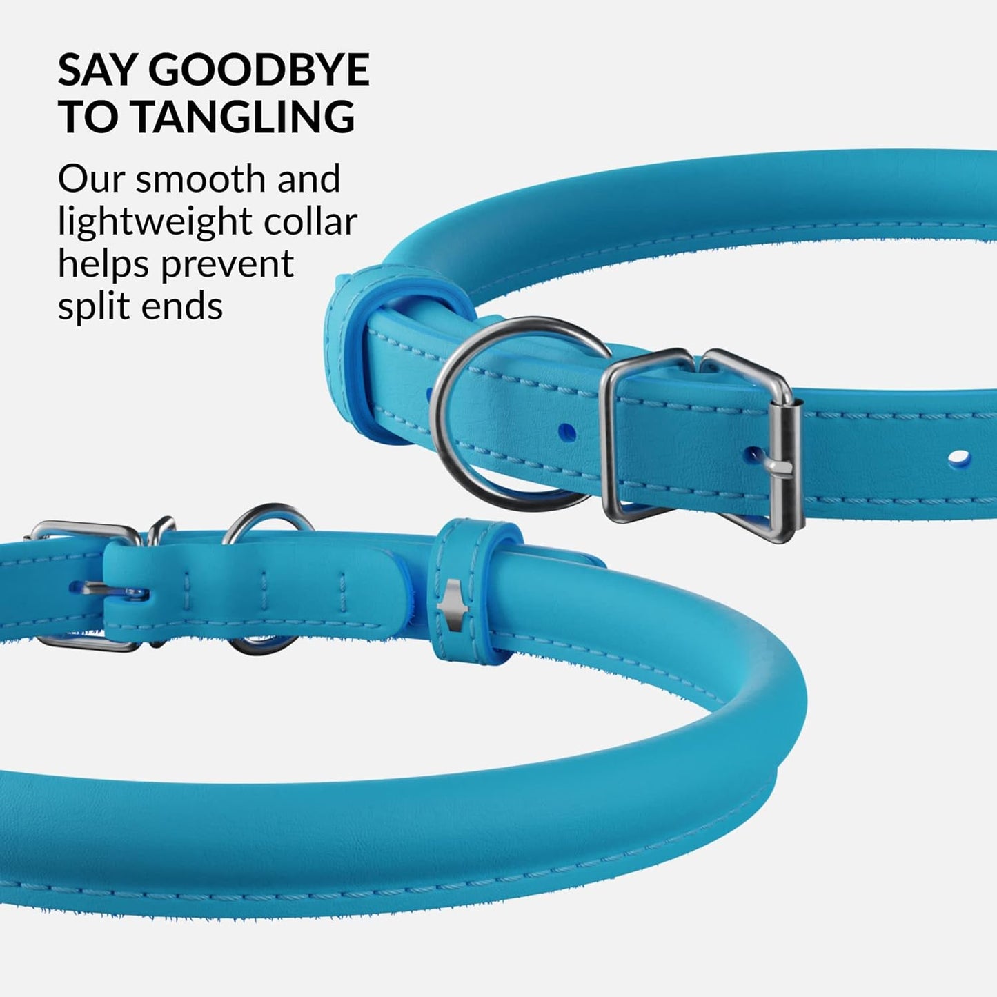 CollarDirect Rolled Leather Dog Collar, Soft Padded Round Puppy Collar, Handmade Genuine Leather Collar Dog Small Large Cat Collars 13 Colors (11-14 Inch, Light Blue)