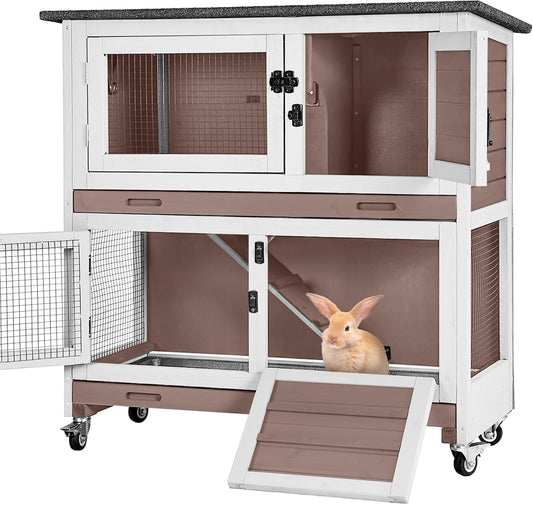 Aivituvin Rabbit Hutch Indoor Bunny Cage Outdoor 2 Story Pet House Guinea Pig Cage on Wheels 36" (Brown)