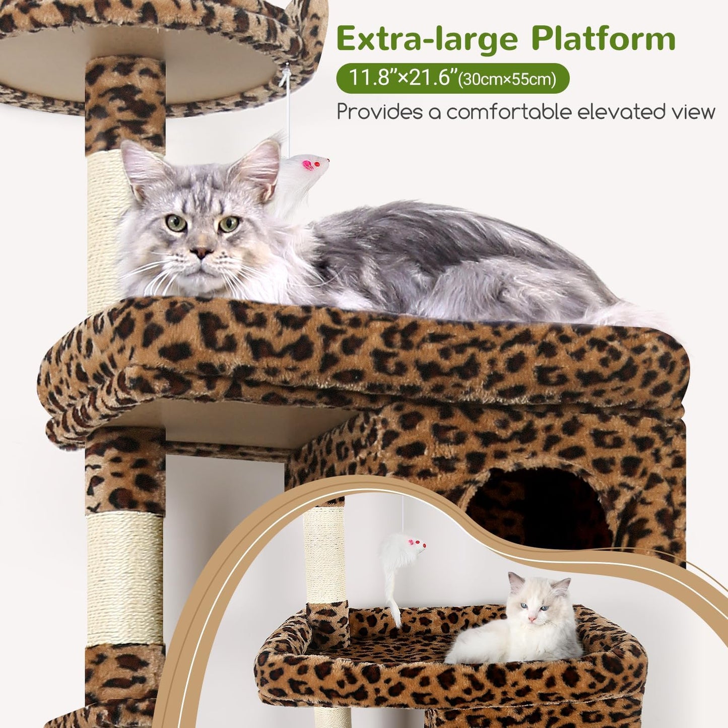 Globlazer Heavy Duty Cat Trees for Large Cats, Sturdy 72in Maine Coon Cat Tree for Large Cat 20 lbs+ Heavy Duty Cat Tower for Adult Biggest Cats with 6 Scratching Posts, Hammock, S72, Leopard Print