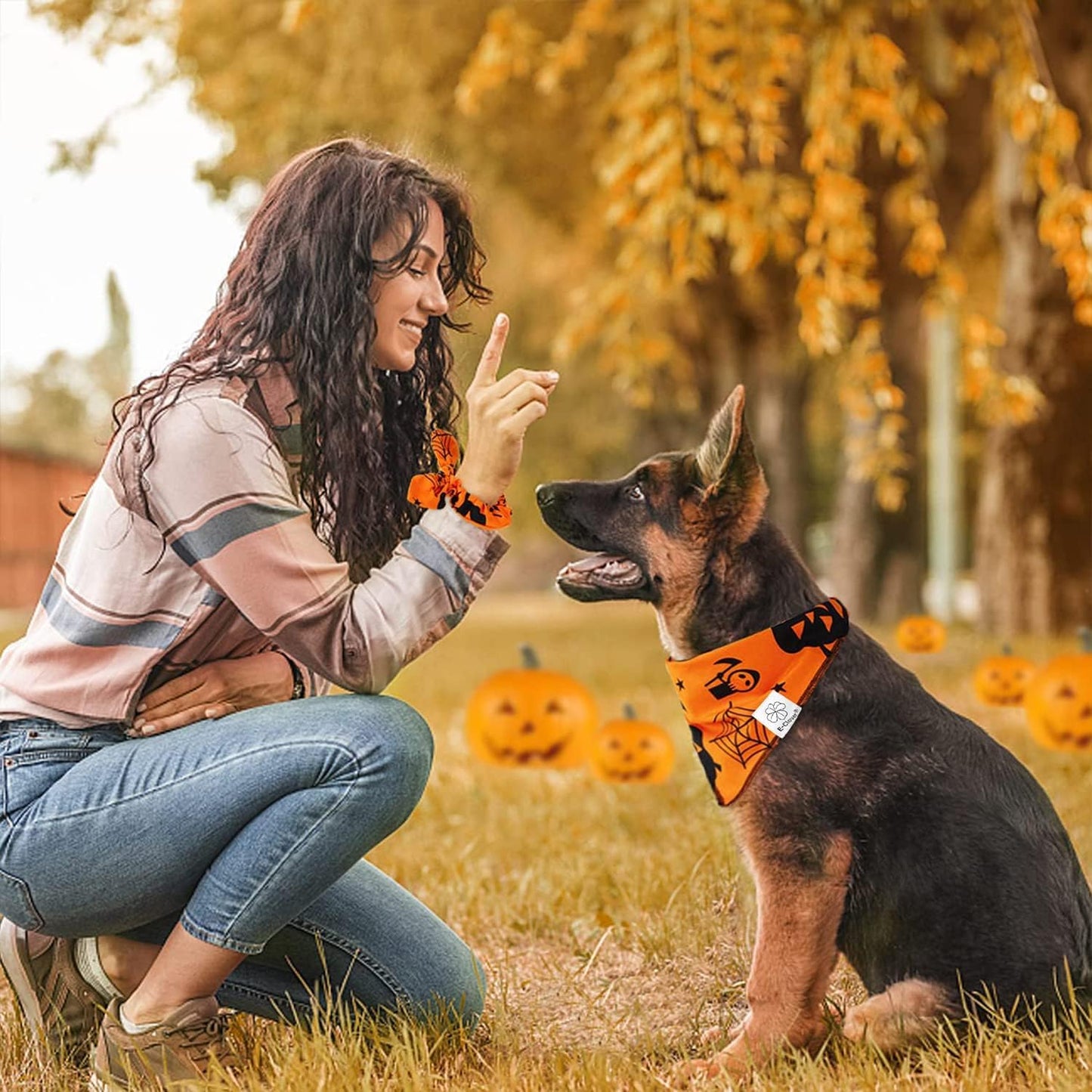 E-Clover Halloween Dog Bandanas & Matching Scrunchie Set Pumpkin Dog Bandana Triangle Pet Bibs Scarf Outfit for Small Medium Large Dogs Owner Orange Fall