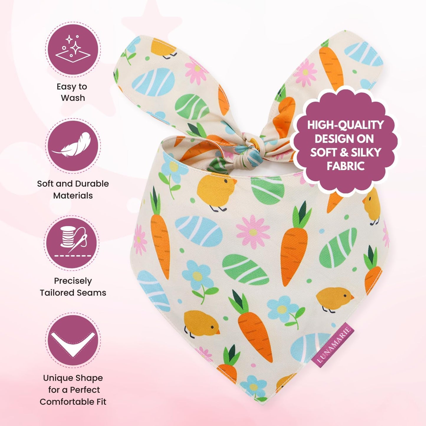 LunaMarie - Luxury Pet Birthday Bandanas -Premium & Silky Poly Fabric | 100% Handmade | Custom Shape Dual Layered (Easter Garden, Large)