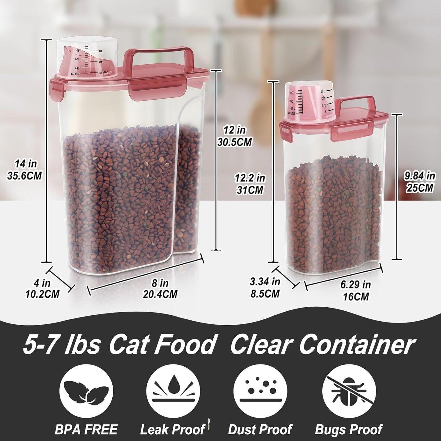 Dog Food Storage Container, Upgraded Large Nozzle BPA-free, 8-12 LBS Plastic Pet Food Storage Containers, With 4 Sealed Clasps, 1 Measuring Cup and Handle (2, Clear Pink, (3L+5L))