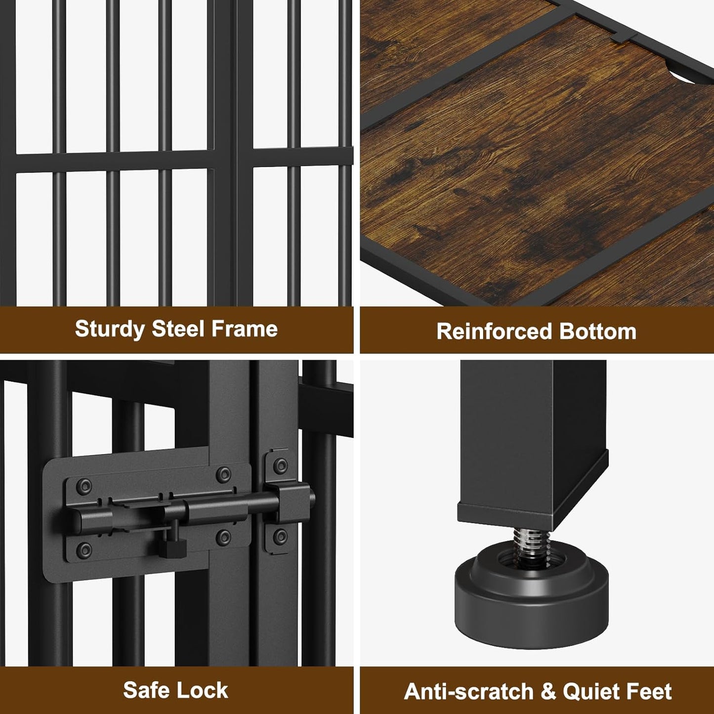 Easycom 41" Dog Crate Furniture Foldable, No Assembly Decorative Dog Kennel Indoor, Dog Crates for Large Dogs, Wooden Dog Cage with Adjustable Bowls and Name Tag, End Table, Rustic Brown