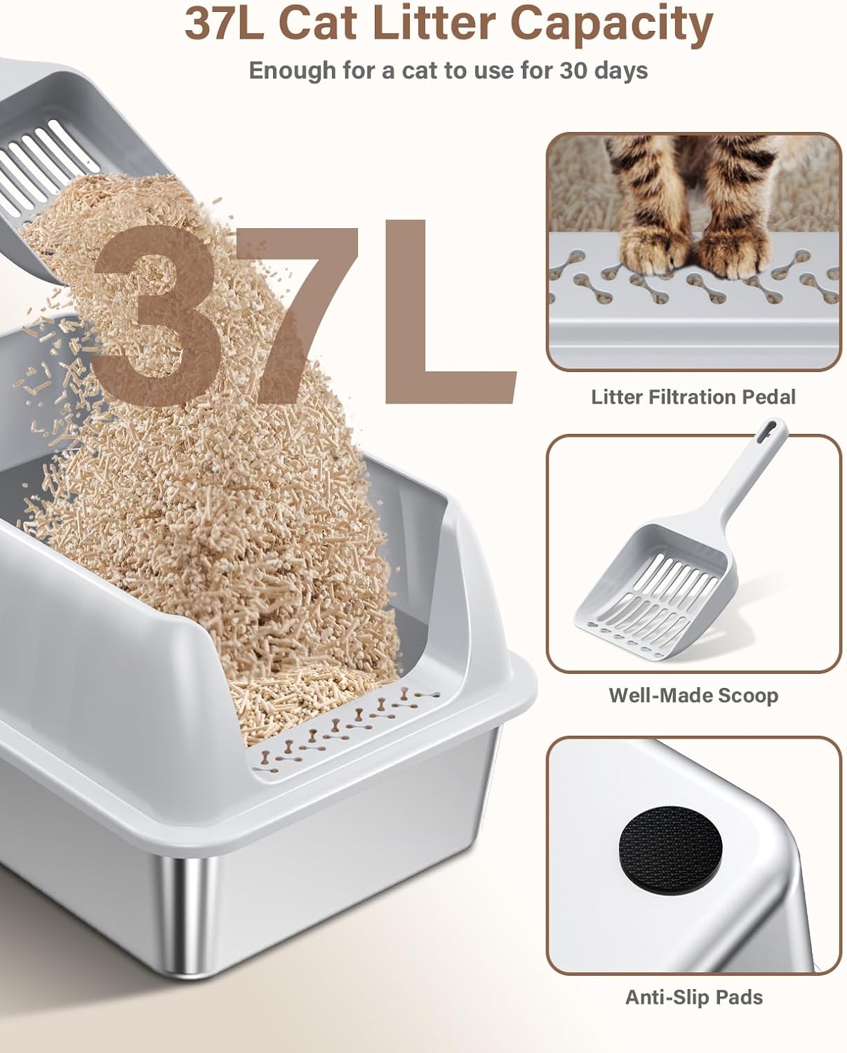 Cat Litter Box Stainless Steel XL with Lid, Enclosed Metal Extra Large Litter Box Pan High Sided with Scoop for Big Cats, Non-Sticky, Anti-Urine Leakage, Easy Cleaning