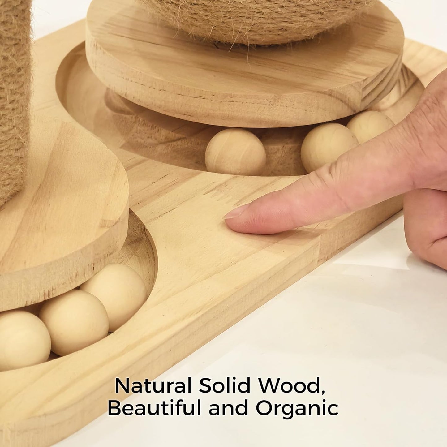 Cat Scratching Post, Wooden Cat Scratcher Toy for Indoor Cats, Sisal Ball Toy with Hanging and Track Balls, 17.7" Tall Banana Tree Cat Tower for Kittens