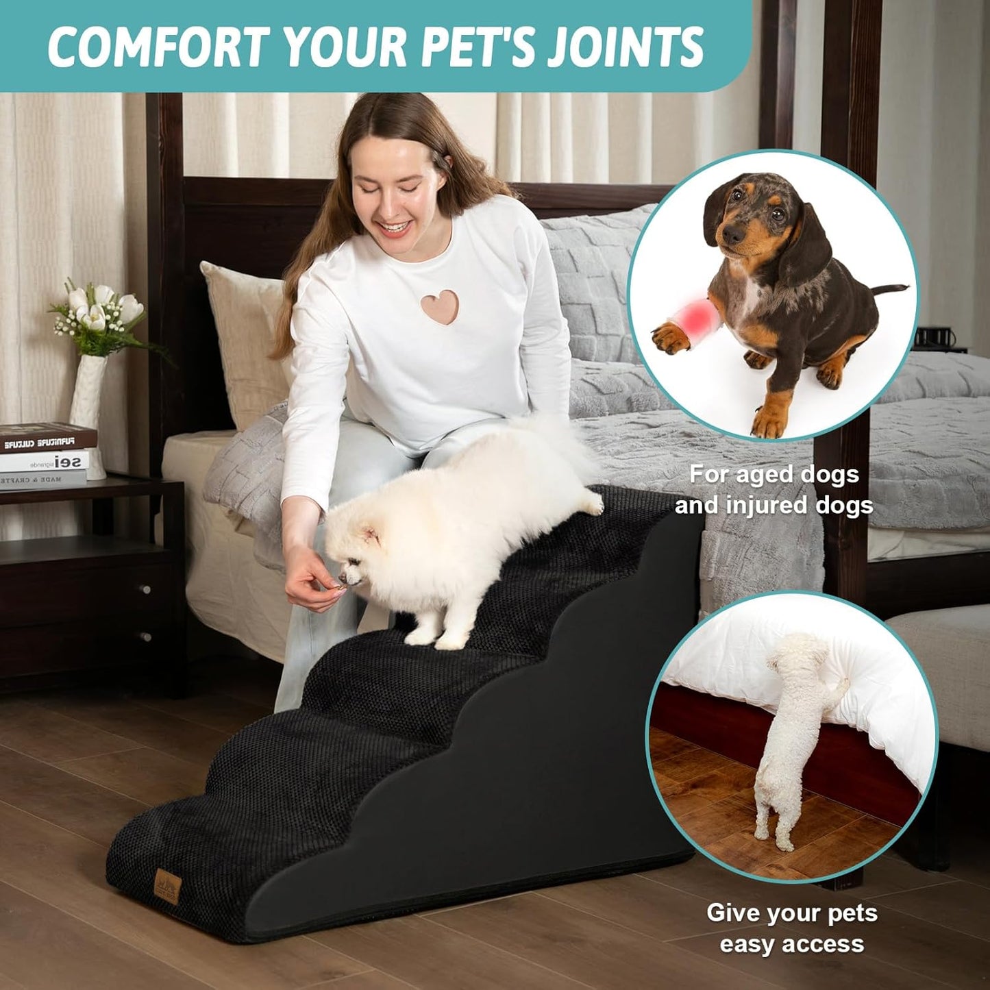 Dog Stairs for High Bed 22.6" H, Small Dog Step for Puppy, Older or Cat, Curved Ramp for Car, Ladder with High Density Foam, Lightweight, Durable, 15.7x33x22.6 inch, 5 Step, Black