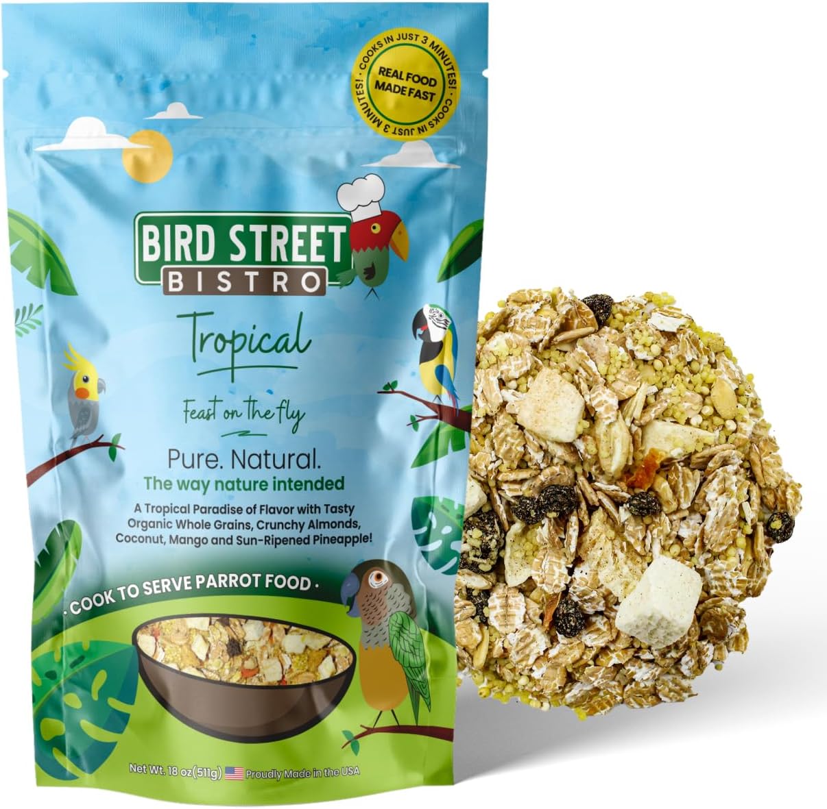 Parrot Food - Parakeet- Cockatiel Food - Bird Food - Cooks in 3-15 min w/Natural & Organic Grains - Legumes - Non-GMO Fruits, Vegetables, & Healthy Spices