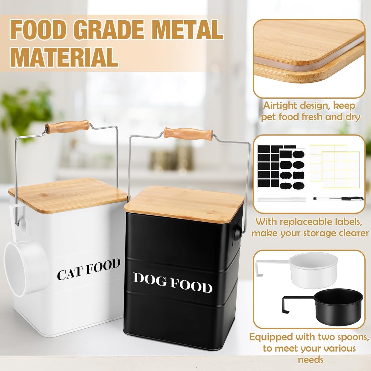 Tioncy 2 Pcs Metal Dog and Cat Food Storage Containers Big Pet Food Containers with Bamboo Lids and Spoon Airtight 5-7 Lbs Dog Cat Treat Snack Jars with DIY Labels for Kitchen Counter(White,Black)