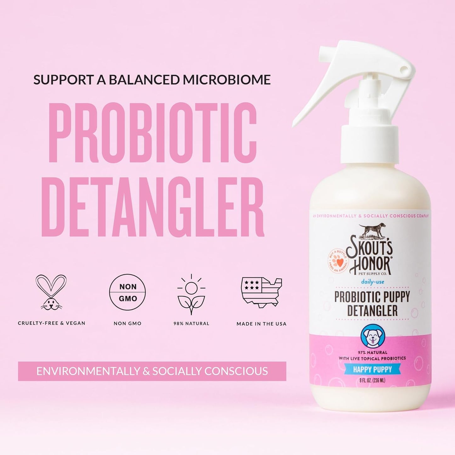 Skout's Honor Pet Detangler Spray - Hydrating & Conditioning with Avocado Oil & Probiotics, 97% Natural, Paraben & Sulfate-Free, softens for a More brushable Coat, Daily Use, 8oz, Happy Puppy