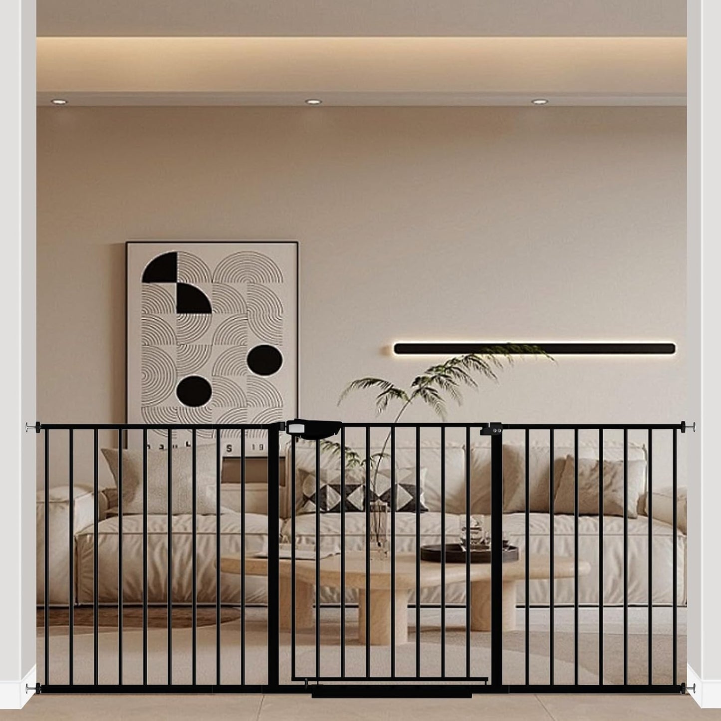 WAOWAO Triple Lock 68.11-75.98" Baby Gate Extra Wide Pressure Mounted Walk Through Swing Auto Close Safety Black Metal Dog Pet Puppy for Stairs,Doorways,Kitchen