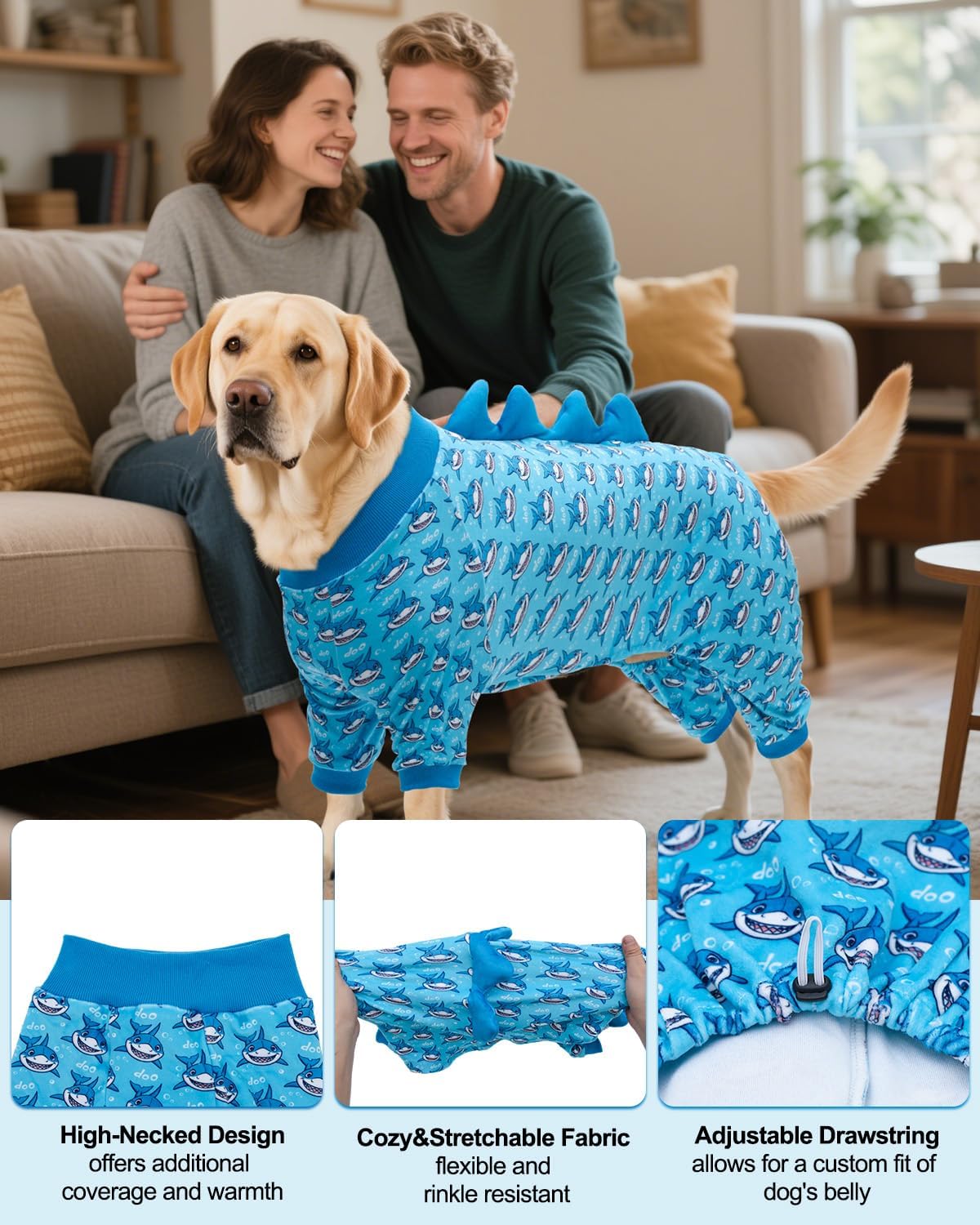 CuteBone Shark Costume Dog Pajamas, Stretchy Spandex Crystal Velvet Sleepwear Coat for Small Dogs, Soft & Warm Pet Outfit Clothes for Cold Weather, Cozy Pullover Design COSP07-4XL