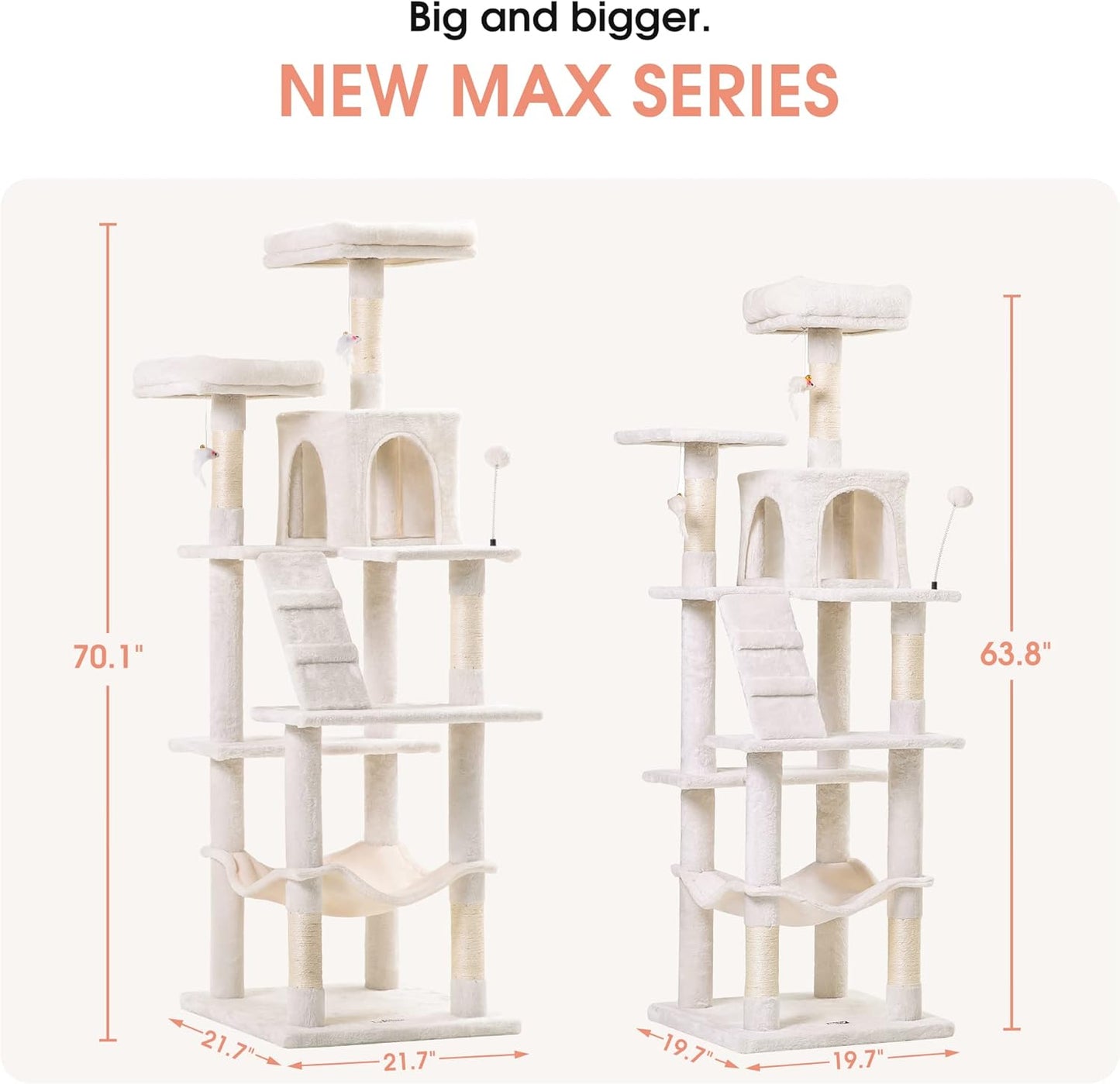 MWPO 70.1-Inch Large Cat Tree, Multi-Level Tall Cat Tower for Indoor Cats, Plush Cat Condo with Big Padded Perches, Sisal-Covered Scratching Posts, Hammock, Toys for Kittens & Cats - Beige