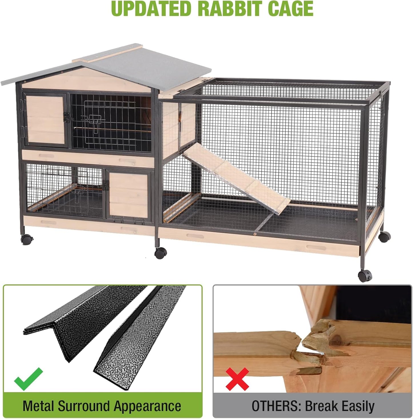 GUTINNEEN Rabbit Hutch Outdoor with Metal Surround Indoor Rabbit Cage with Wheels Bunny Cage Large Guinea Pig Cage for Small Animals with Tray