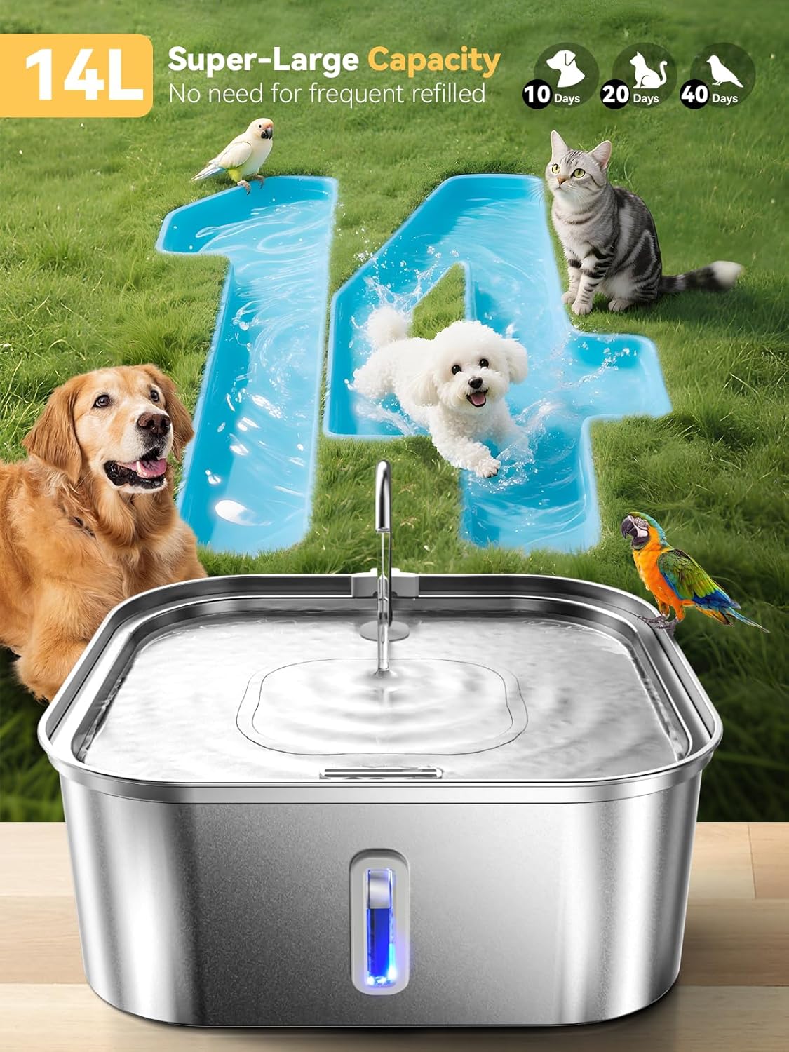 Large Dog Water Fountain 14L/3.7Gal, Stainless Steel Pet Fountain for Large Dogs and Multi-Pets Families, with Visible Window & Extra Wide Drinking Area, Square Design Enlarges Capacity & Saves Space