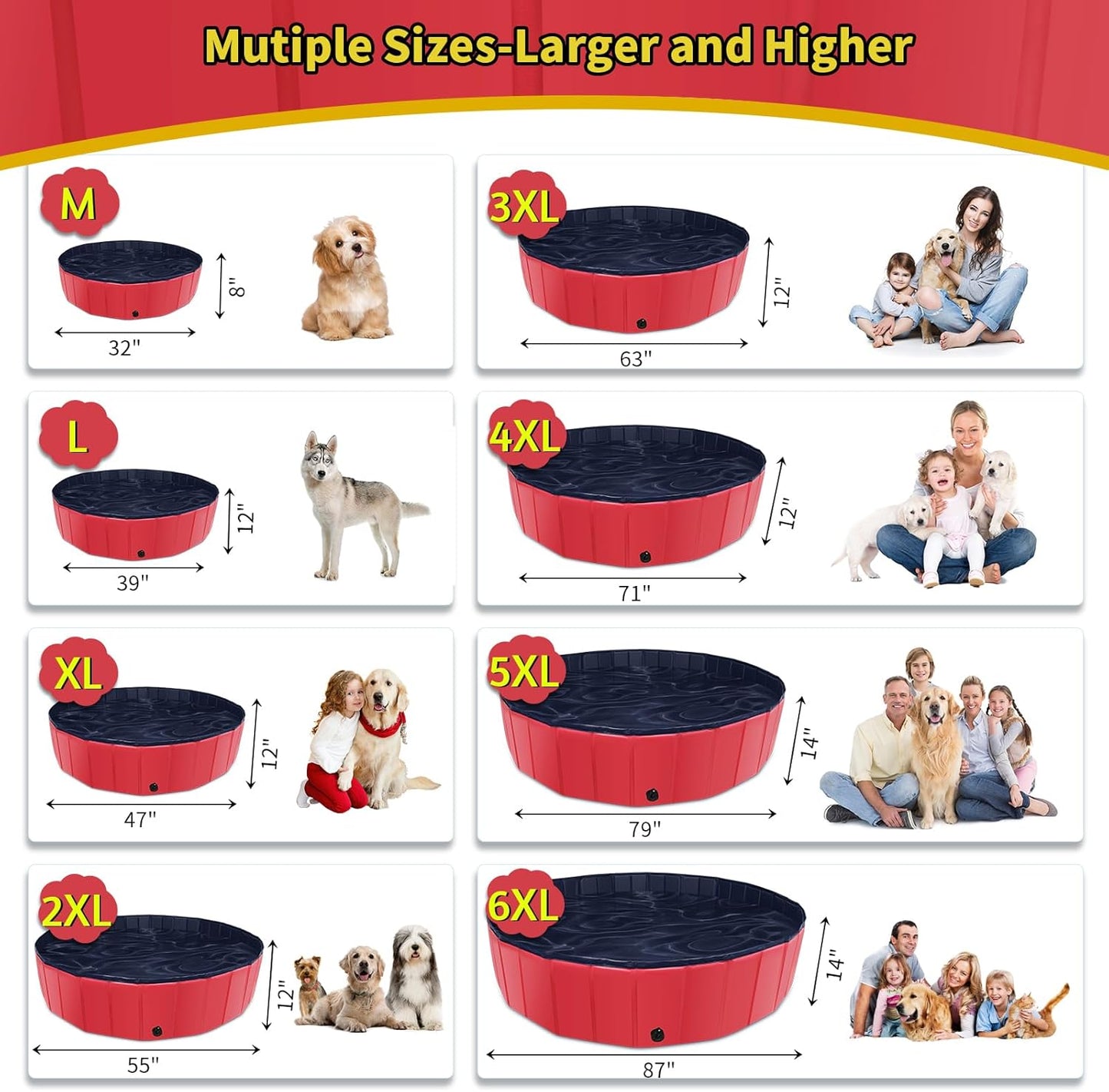 Foldable Dog Pool, 55" x 12" Kiddie Pool with Hard Plastic, Non-Slip Dog Bath Tub for Outdoor Backyard, Collapsible Dog Swimming Pool for Kids Dogs Pets (Red)