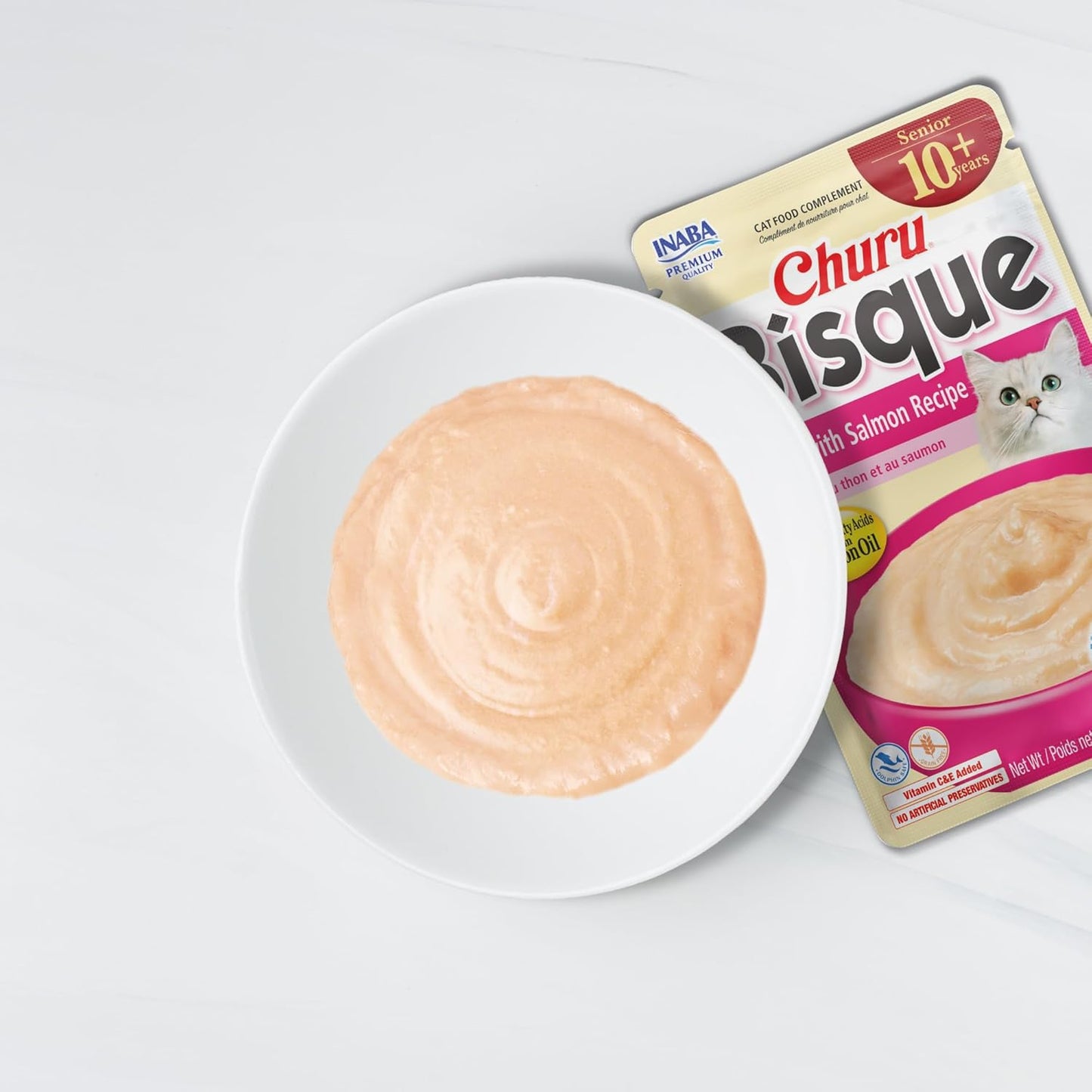 INABA Churu Bisque for Cats Senior 10+, Creamy Purée Side Dish Pouch, 1.4 Ounces per Pouch, 12 Pouches Total, Tuna with Salmon Recipe