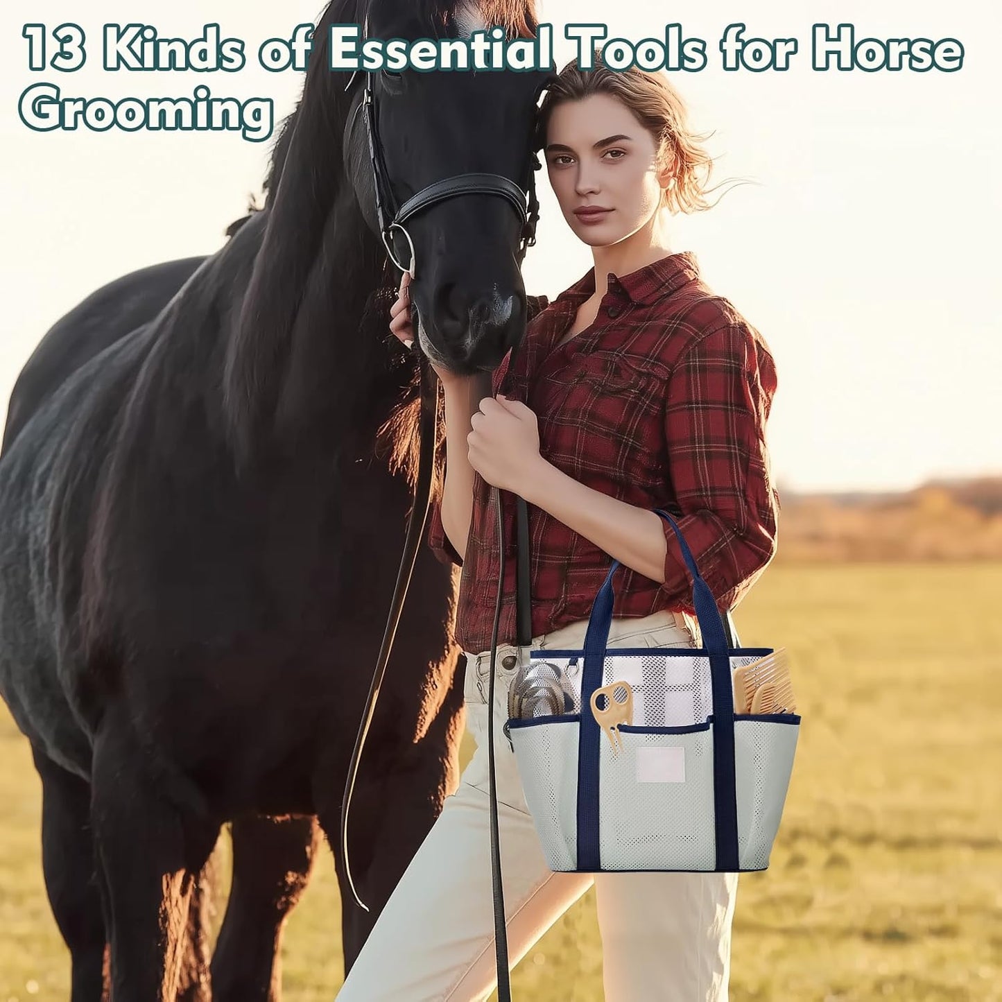 Horse Grooming Kit for Bathing, 13Pcs Horse-Brush Set with Mesh Bag, Shower Brushes, Braiding and Curry Comb, Sweat Scraper, Hoof Pick, Shedding Massaging Tool Supplies for Riders Beginners