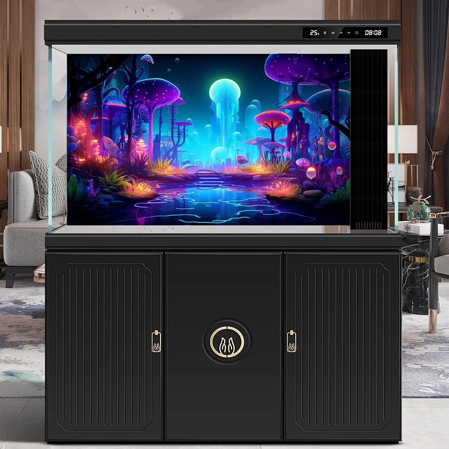 Fantasy Forest Aquarium Background Mysterious Plants Abstract Mushrooms Cartoon Style Forest Terrarium Backdrop Tranquil Stream Fish Tank Background Wallpaper Poster Decor Vinyl 72x16in