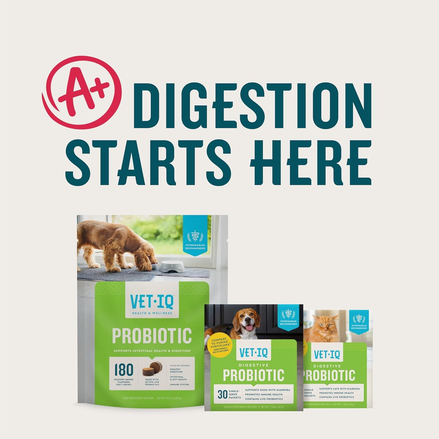 VetIQ Probiotic Supplement for Dogs, Digestive Support for Dogs, Nourishes Gut Bacteria and Supports Bowel Function, Hickory Smoke Flavor, Made in The USA, 60 Count