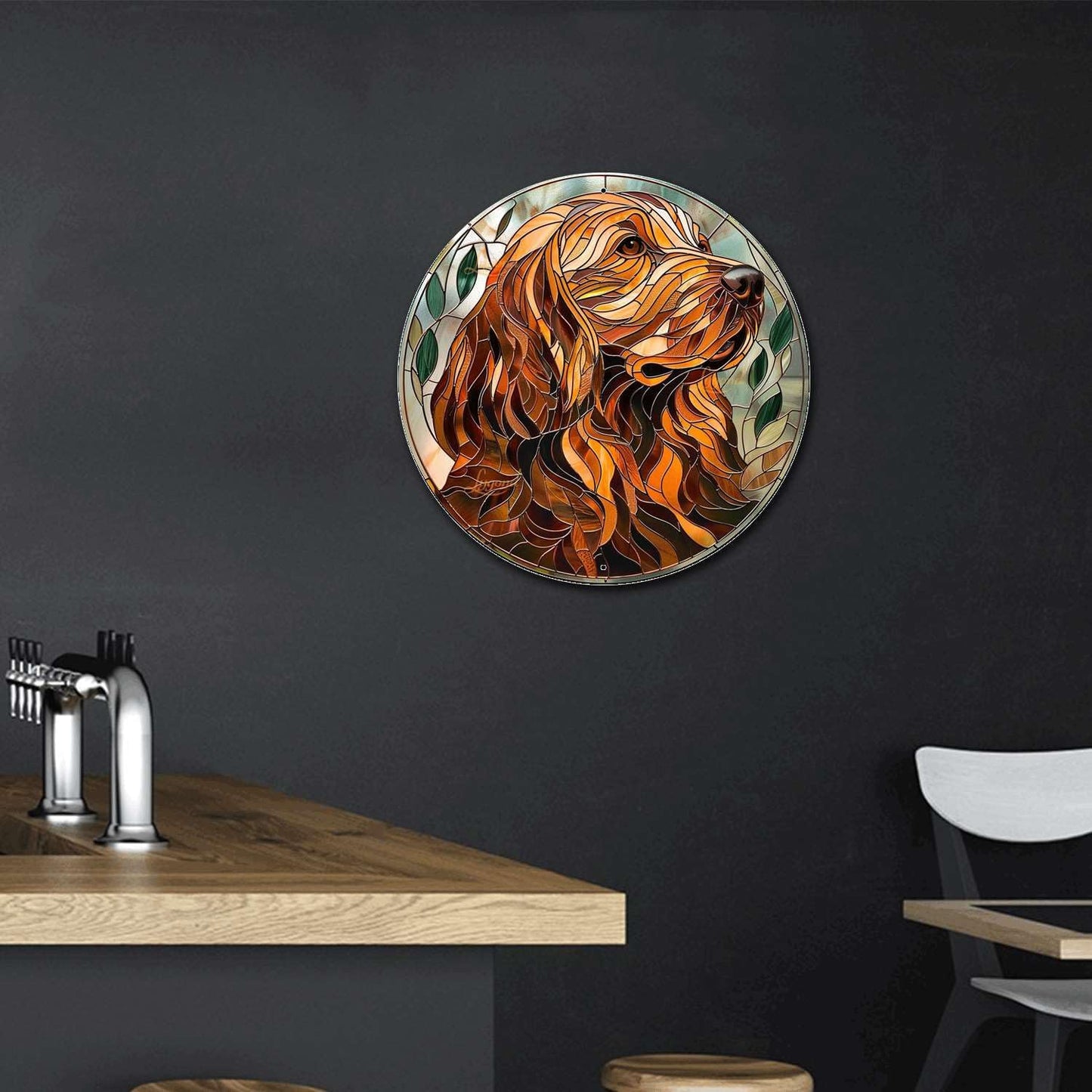 Lygond Metal Sign Tin Sign Circular Stained Glass Dog Outhouse Wall Decor For Pet 8×8 Inches