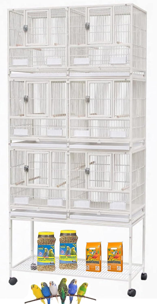 Single/Double/Triple Stackable Center Divided Breeder Breeding Bird Flight Double Rolling Cage for Aviaries Canaries Cockatiels Lovebirds Finches Budgies Small Parrots (White, Triple)