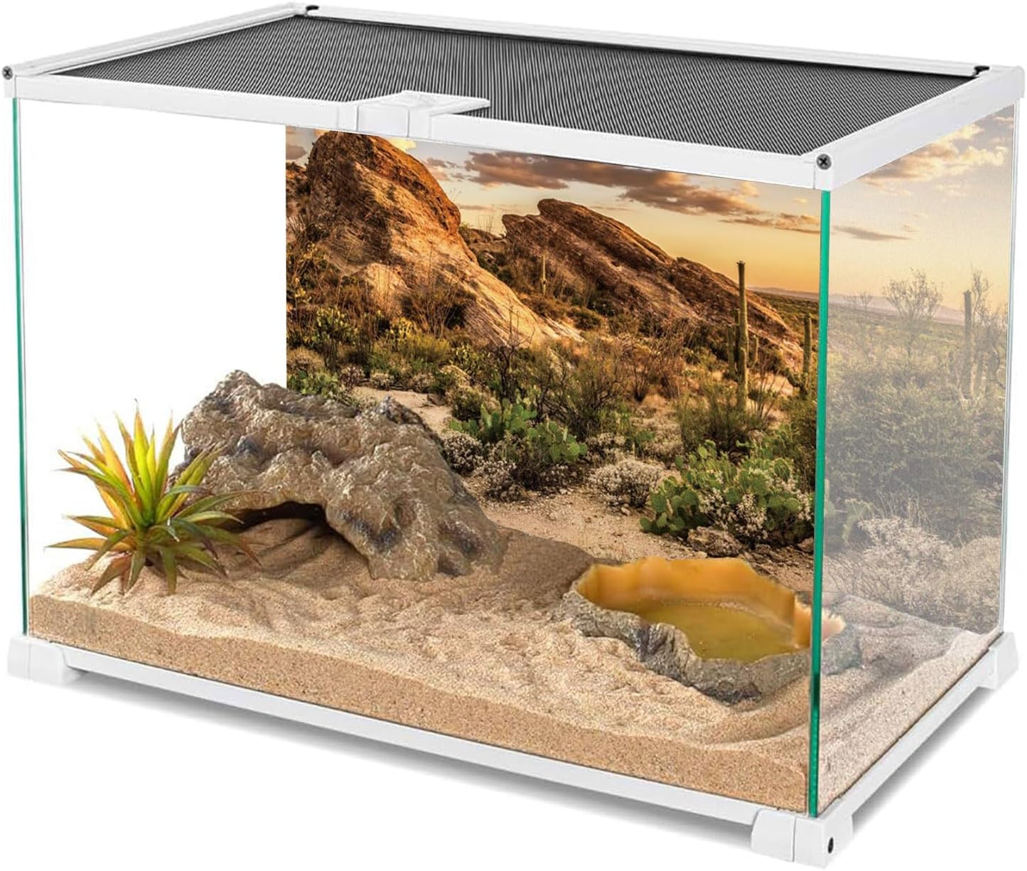 AWERT Reptile Habitat Background Blue Sky Oasis Cactus Sun and Desert Terrarium Background 48x20 inches Durable Polyester Background
