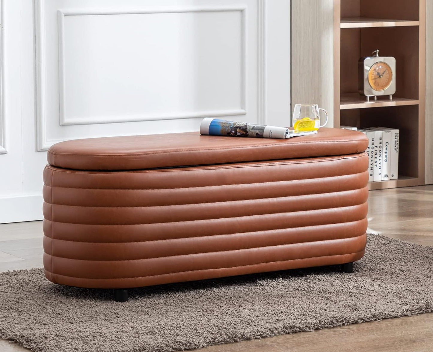 Kmax Storage Bench PU Leather Entryway Bench Upholstered Ottoman Bench for Bedroom Living Room Hallway, Brown