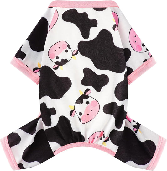 Dog Pajamas Small Sized Dogs Stretchable Summer Dog Clothes Pjs 4 Legs Girl Boy Cute Soft Puppy Outfits Doggie Cat Jammies Jumpsuit Sleeper for Pet, Pink Cow, S