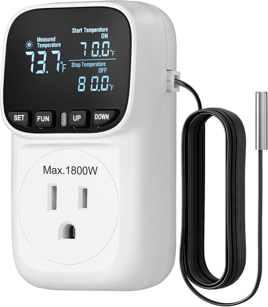 DEWENWILS Digital Temperature Controller, Heavy Duty 15A/1800W Thermostat Outlet Plug, VA Display Heating Cooling Control Timer, -40℉~210℉, Cyclic Timing/Countdown, for Greenhouse Incubator Homebrew