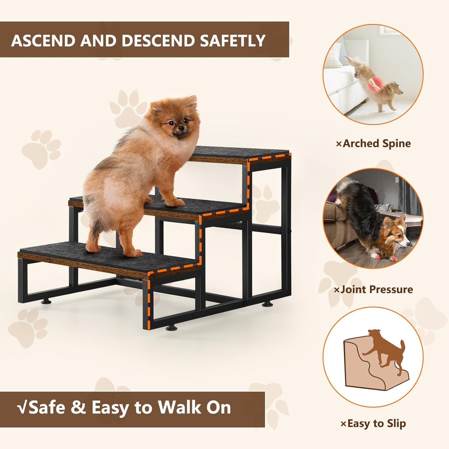 Dog Stairs for Small Dogs 3 Steps Pet Stairs Dog Stairs Steps for Couches High Beds, Non-Slip Indoor Dog Ramp, Holds Up to 100lbs